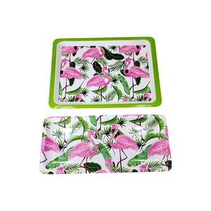 Flamingo Melamine Serving Tray 2pc Set Pink‎ Green Tropical Palm Beach Pool HHH